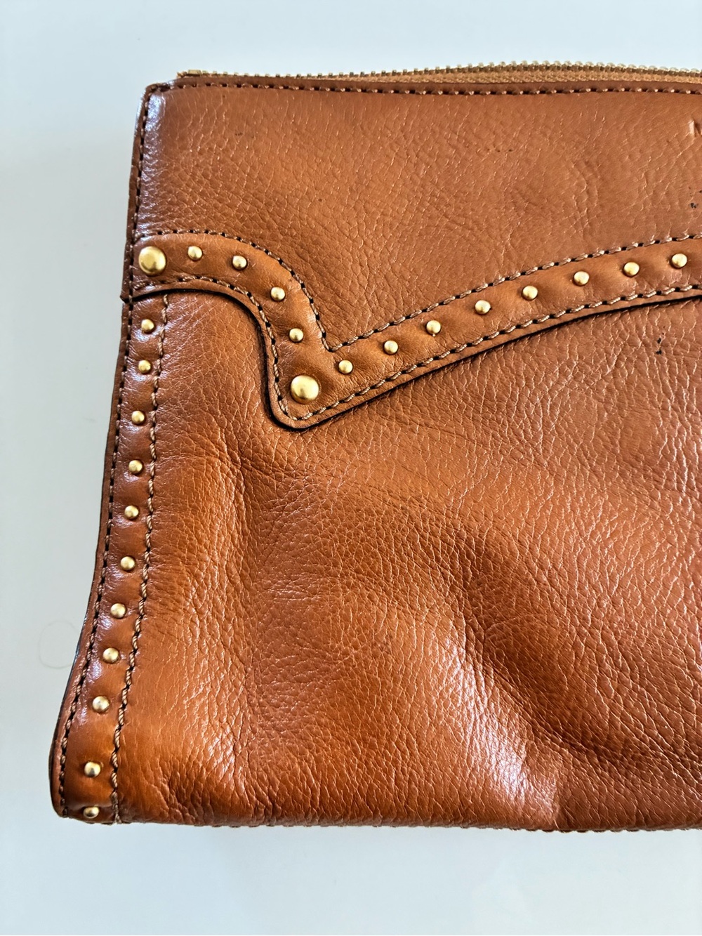 VTG Michael Kors Cognac Lamb Leather Western Scalloped Studded Zip Clutch-READ - Picture 7 of 15